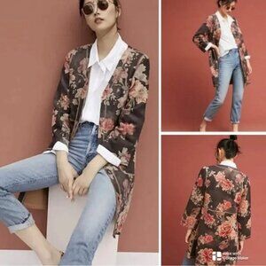 Catherine Malandrino Floral Faux Suede Long Open Front Jacket S